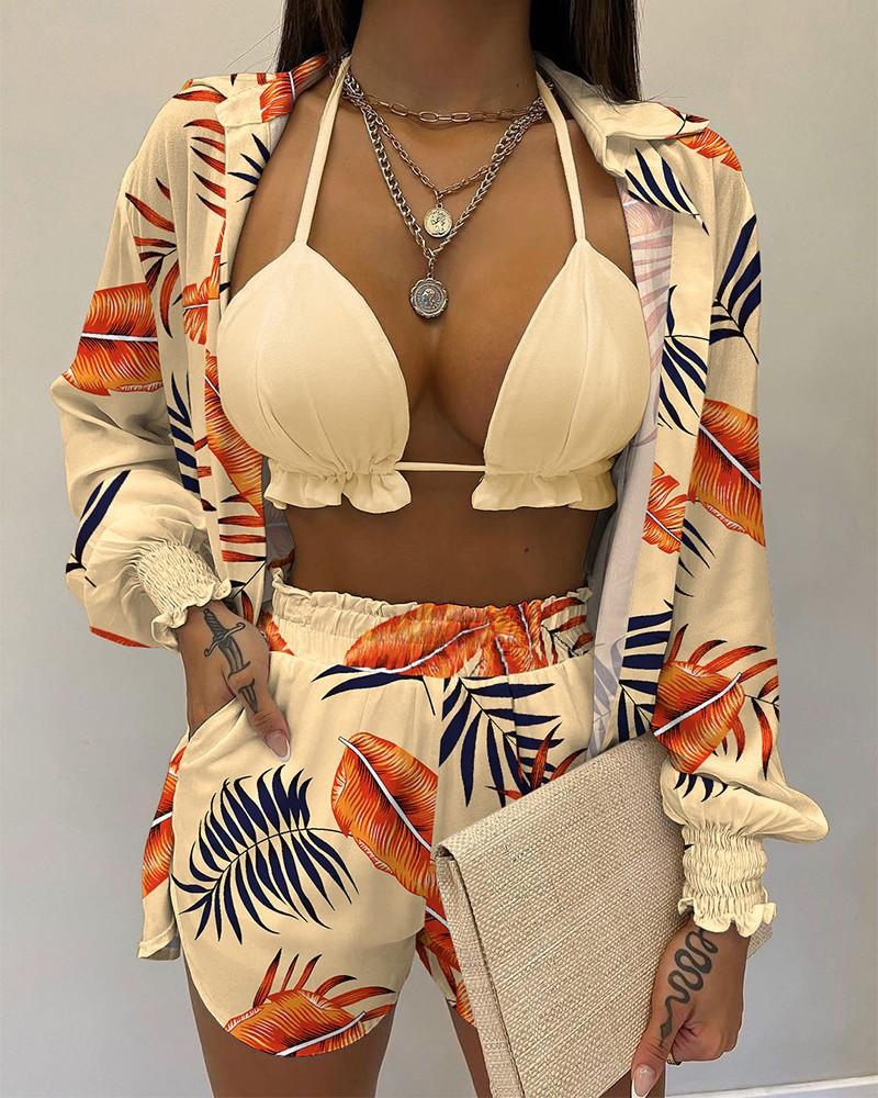 2025 Сексуальный купальник Летняя мода Однотонный с принтом Костюм-тройка Женский