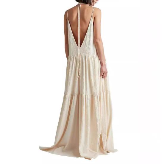 Леди пляжное платье Глубокий V-образный вырез Свободное трапециевидное лоскутное платье с открытой спиной и без рукавов Плиссированное платье с ремешками для отдыха Курортная одежда Макси-платье Сарафан длиной до пола