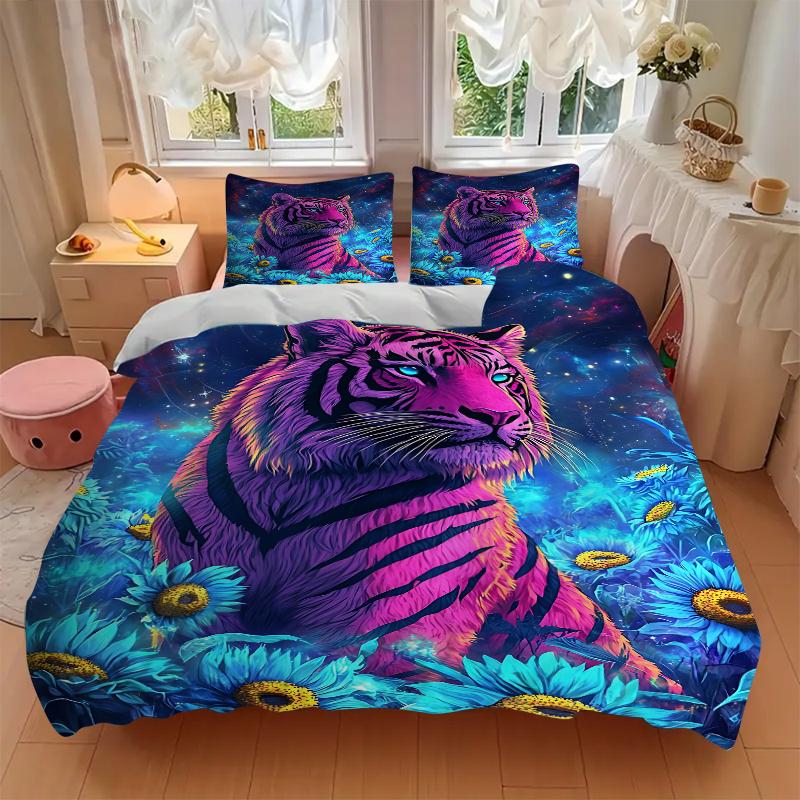 3Pcs Neon Tiger Flowers Bedding Set Soft Fabric Duvet Cover Pillowcases Home Christmas Xmas Halloween Gift 1 Duvet Cover 2 Pillowcase G1179