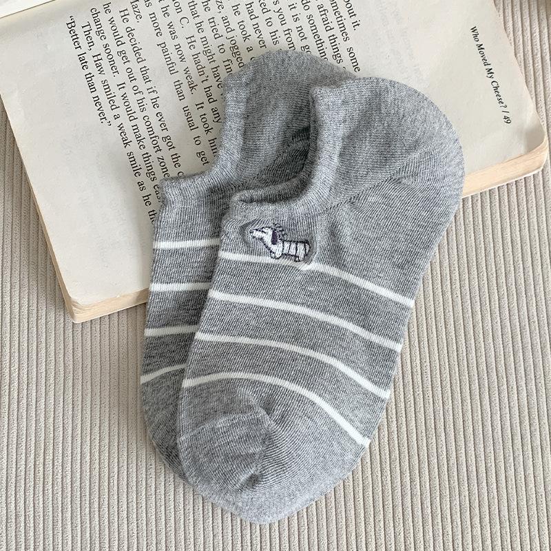 Женские летние тонкие полосатые милые мультяшные носки-лодочки с вышивкой щенка, невидимым бесшовным каблуком и мелким вырезом