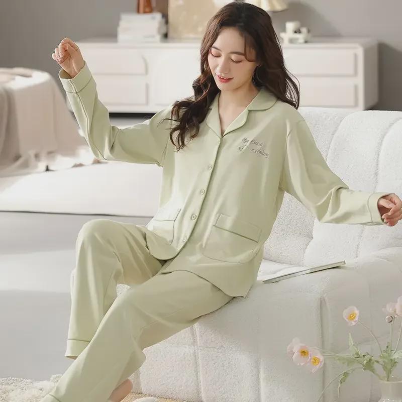Women's 100% Cotton Pajama Set: Long-Sleeve Trousers, Loose Fit for Indoor/Outdoor Use In Spring, Autumn, and Winter.