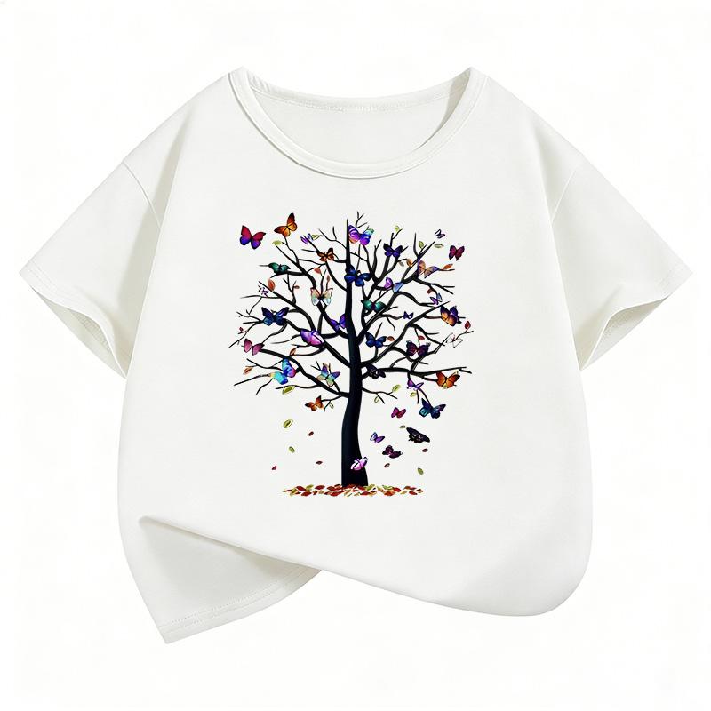 Vintage Butterfly with Tree Funny Design Kids Childrens Tshirt Short Sleeve Boys Girls Summer Spring Casual Top Tee Shirt