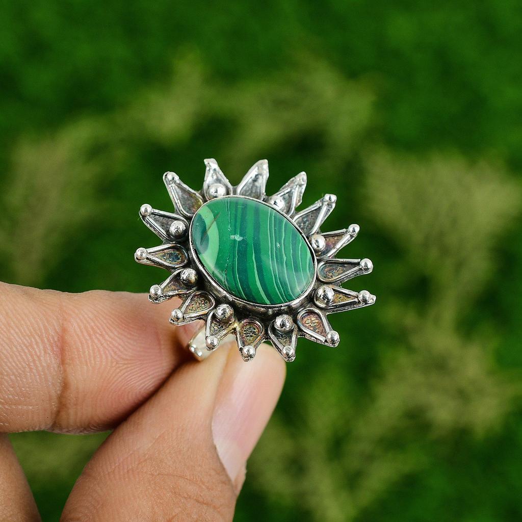 Стерлинговое серебро Русский малахит Камень Дочь Заявление Кольцо-цветок Ювелирные изделия