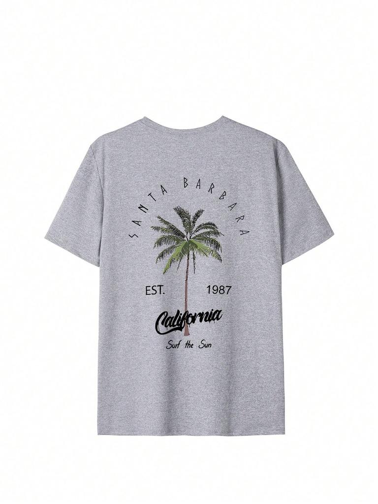 Womens Summer Casual Round Neck Palm Tree Letter Print Vacation Style Short Sleeve TShirt Top