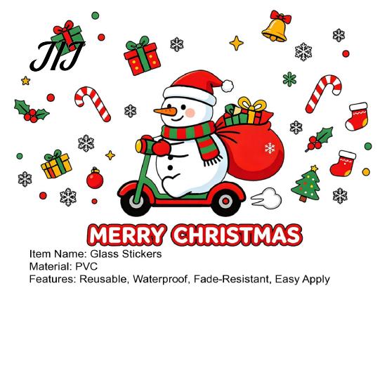 Window Beautification Supplies Cute Snowman Scooter Christmas Static Cling, Cartoon Merry Glass Waterproof Decorations Decal, Sticker for Home