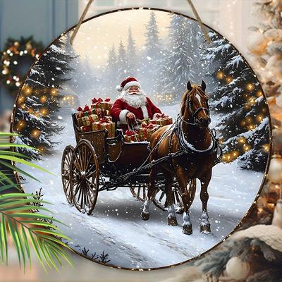 Теплая Зимняя Рождественская Деревянная Табличка с Узором Санта-Клауса и Кареты - Круглая Табличка Navidad для Декора на Входную Дверь или Стену - Идеальный Рождественский Подарок