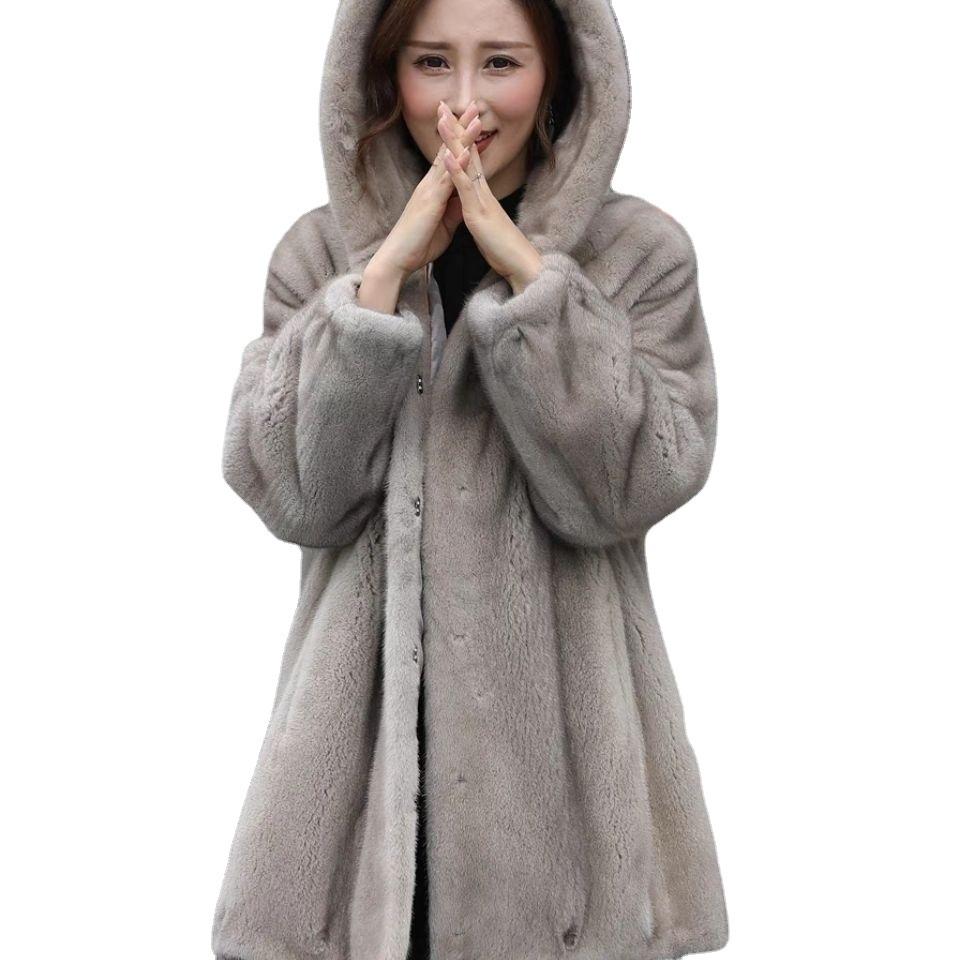 Женская свободная и утолщенная зимняя шуба с искусственным мехом норки Шуба из искусственного норкового меха Женская шуба с капюшоном из искусственного норкового меха