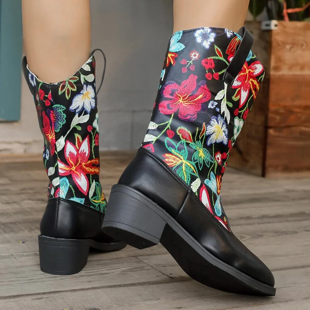 Women's Flower Print Mid Calf Boots PU Leather Chunky Heeled Shoes Street Cowboy Boots Woman Pointed Slip On Western Botas Mujer