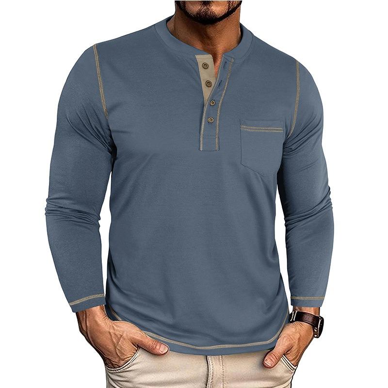 Мужская винтажная футболка-henley с контрастным цветом, круглым вырезом, длинным рукавом, карманом, повседневная