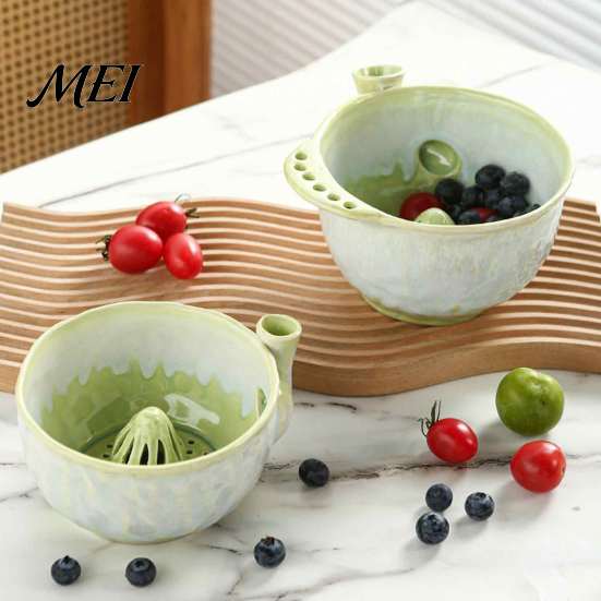 Kitchen Prep Strainer Ceramic Berry Swirl Washing Bowl, Self Spinning Fruit Colander Rotating with Drain Holes, Tool for Strawberries Grapes Cleaning