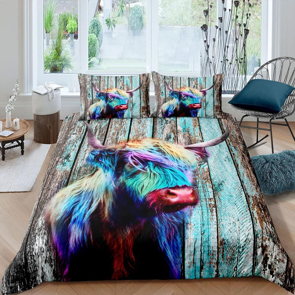 Пододеяльник Король Королева Хайлендская корова Комплект постельного белья Бык для взрослых Крупный рогатый скот 2/3 предмета Покрывало Фермерское животное Полиэстер