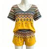 Summer Fashion Ethnic Geometric Patterns Printed V Neck Short Sleeved T-Shirt And Shorts Set Women's and Men's T-shirt Shorts Set