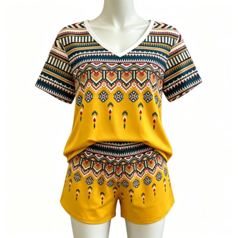 Summer Fashion Ethnic Geometric Patterns Printed V Neck Short Sleeved T-Shirt And Shorts Set Women's and Men's T-shirt Shorts Set