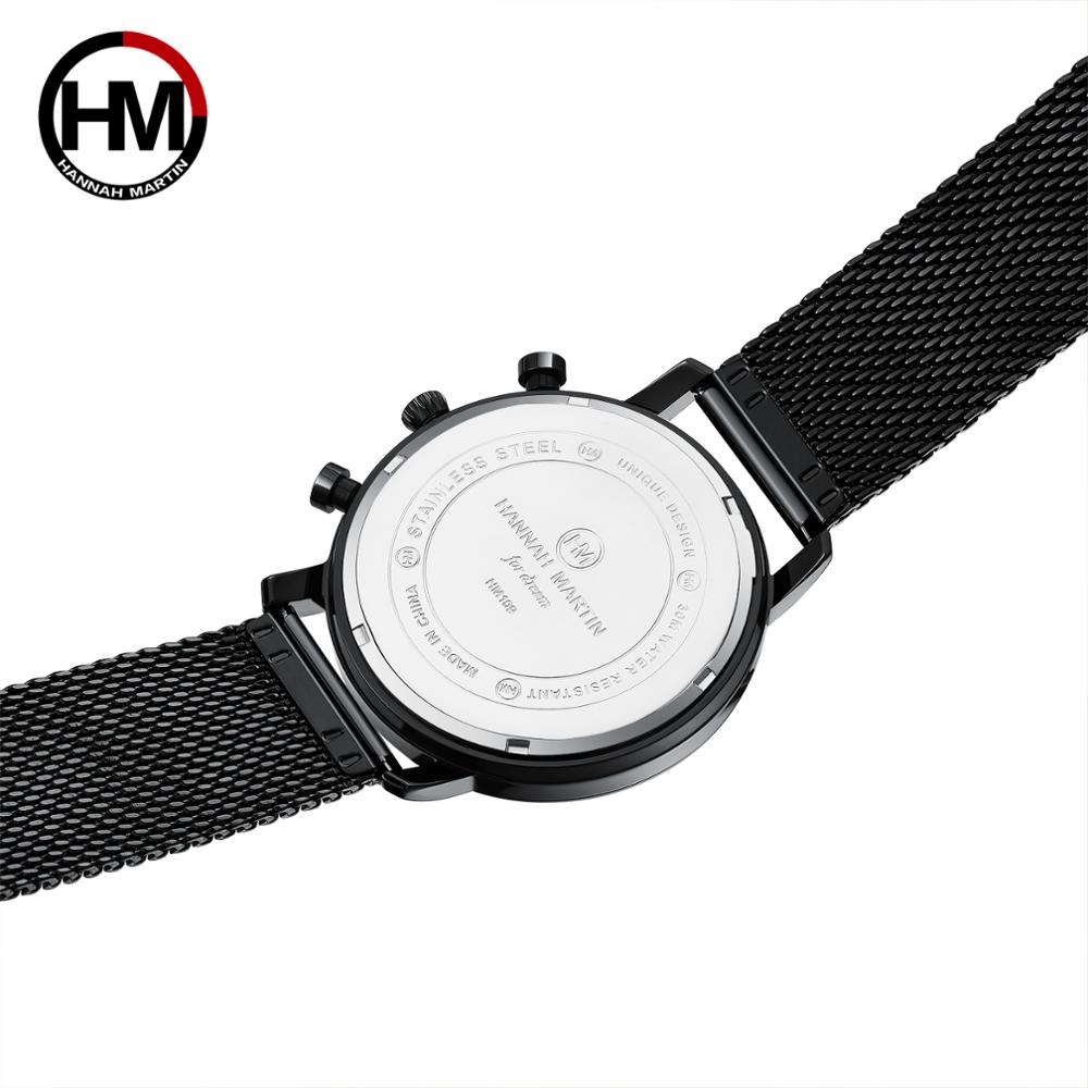 HANNAH MARTIN Top Brand Multifunction Business Black Quartz Watch Men Chronograph Steel Mesh Band Waterproof Business AAA Watch
