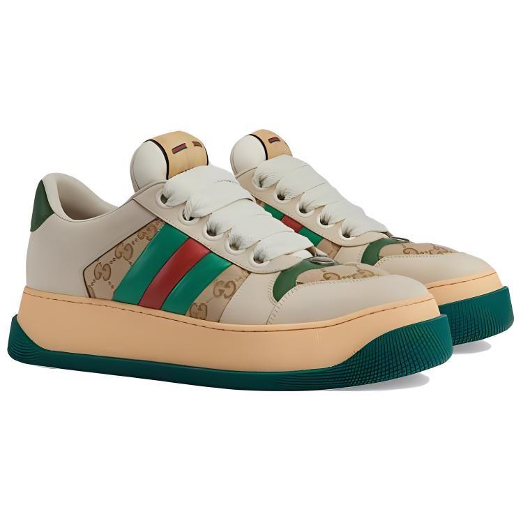 GUCCI Screener Jigglypuff, Distressed Shoes Leather Low top Skateboard Shoes Men's Beige Green 777106 AAC72 9554