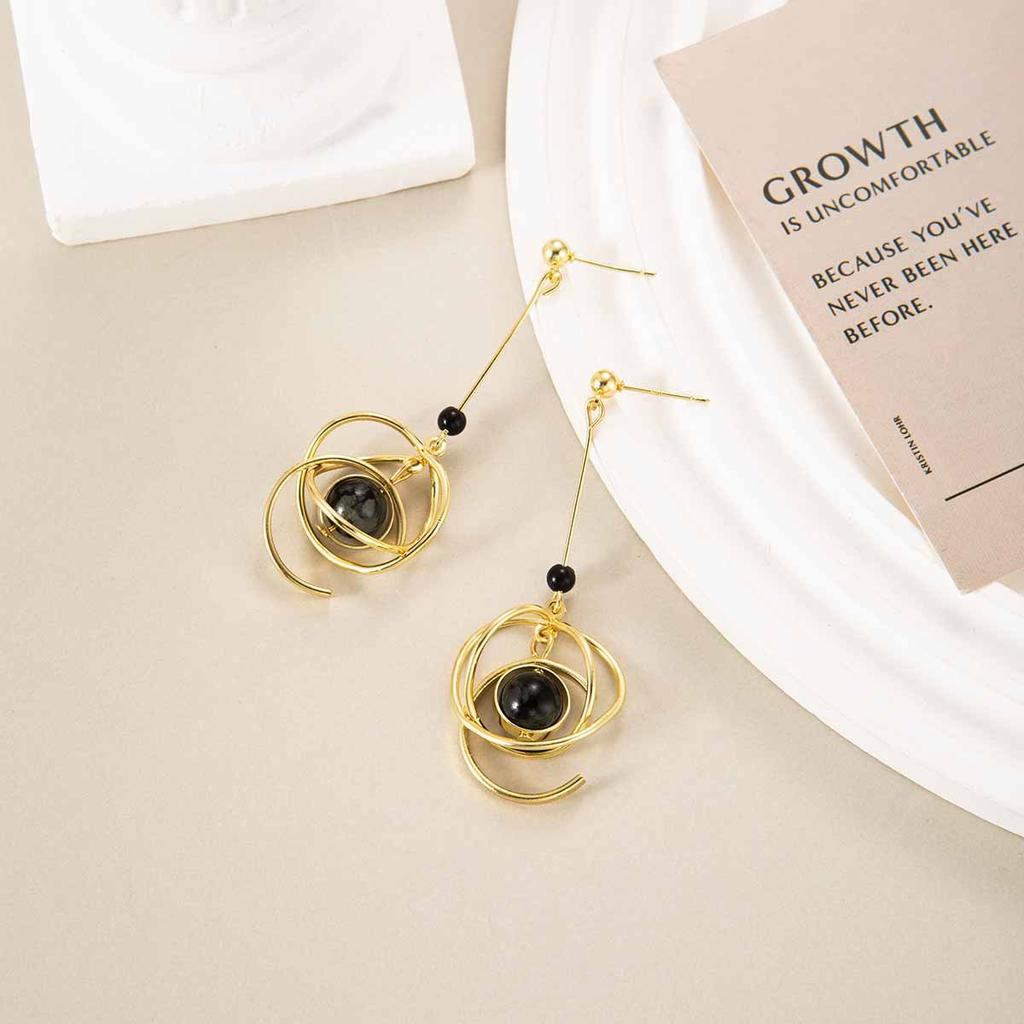 Dark Design Black Agate Planet Orbit Earrings, Women's Premium Feel, Unique Ear Studs, Long Pendant Fashion Earrings