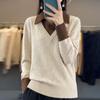Women's Fall/Winter Maillard with a Wool-blend Fake Two-piece Shirt Collar Knit Rollover Pullover Sweater