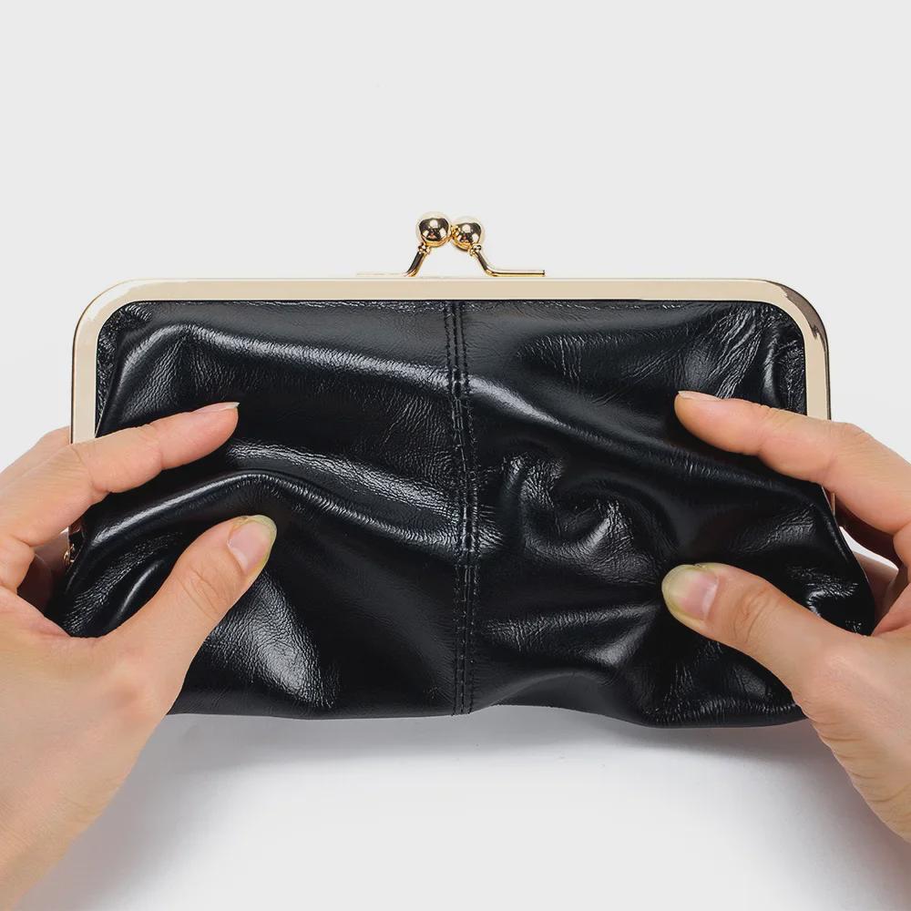 Women's Retro Long Genuine Leather Wallet Handbag - Large Capacity, Waxed Gold Clip Style