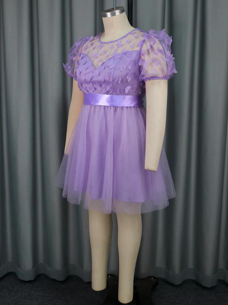 AOMEI Lavender Butterfly Dresses for Women O Neck Short Puff Sleeve Lovely Birthday Party Ball Gowns