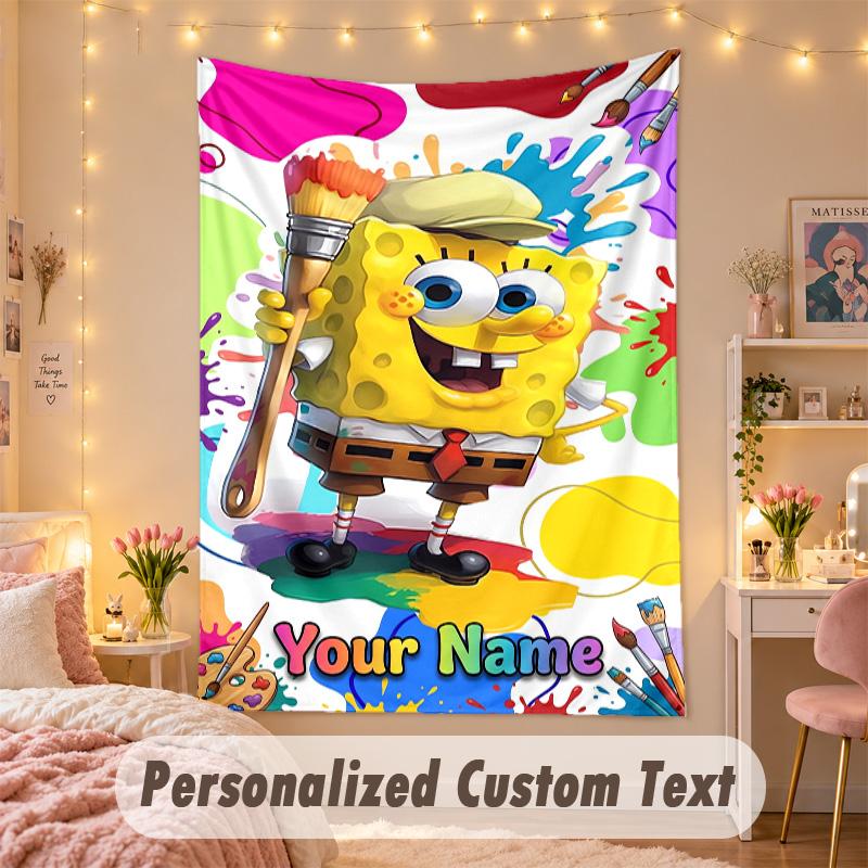 Custom Personalized Tapestry,SpongeBob Print Custom Name Text Wall Art Hanging for Bedroom