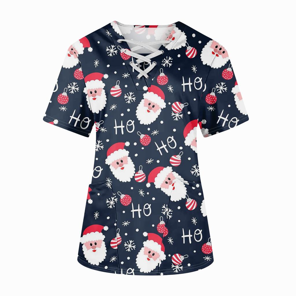 Плюс размерСкраб с принтом Рабочая форма Топы для женщин Крест V-образным вырезом Хэллоуин Принт с короткими рукавами Забавные футболки Спецодежда Футболка с карманами