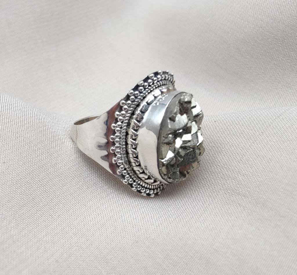 Raw Pyrite Statement Ring: Beaded 925 Sterling Silver Boho Jewelry