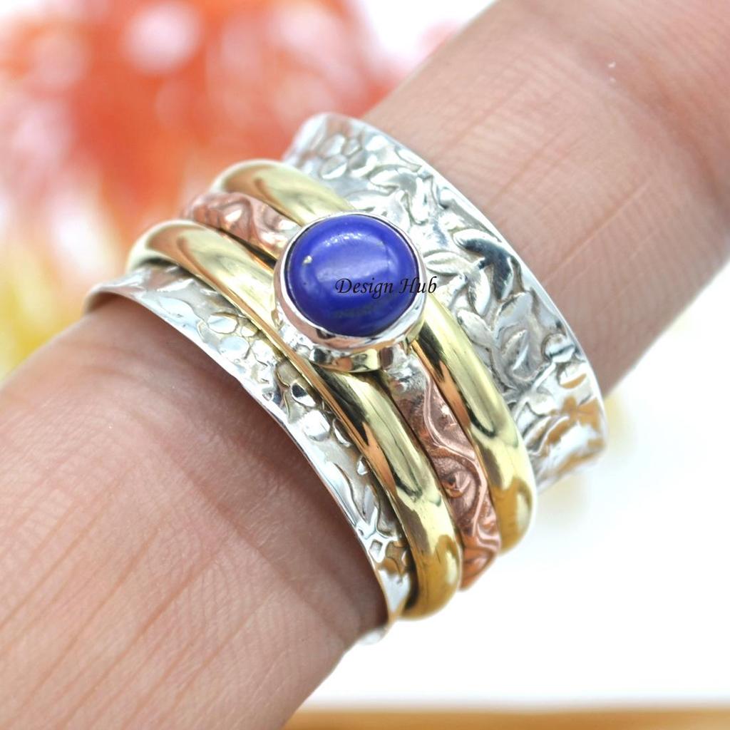 Кольцо Spinner Твердые ювелирные изделия из стерлингового серебра 925 пробы, Кольцо Lapis Lazuli, Spinner band Three Tone Ювелирные изделия ручной работы Подарок на годовщину