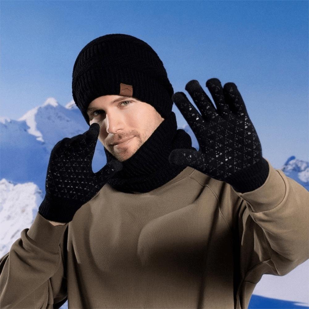 3pcs Warm Thermal Knit Cap Solid Color Winter Beanie Hat Neck Warmer Hat Scarf Gloves Set Outdoor