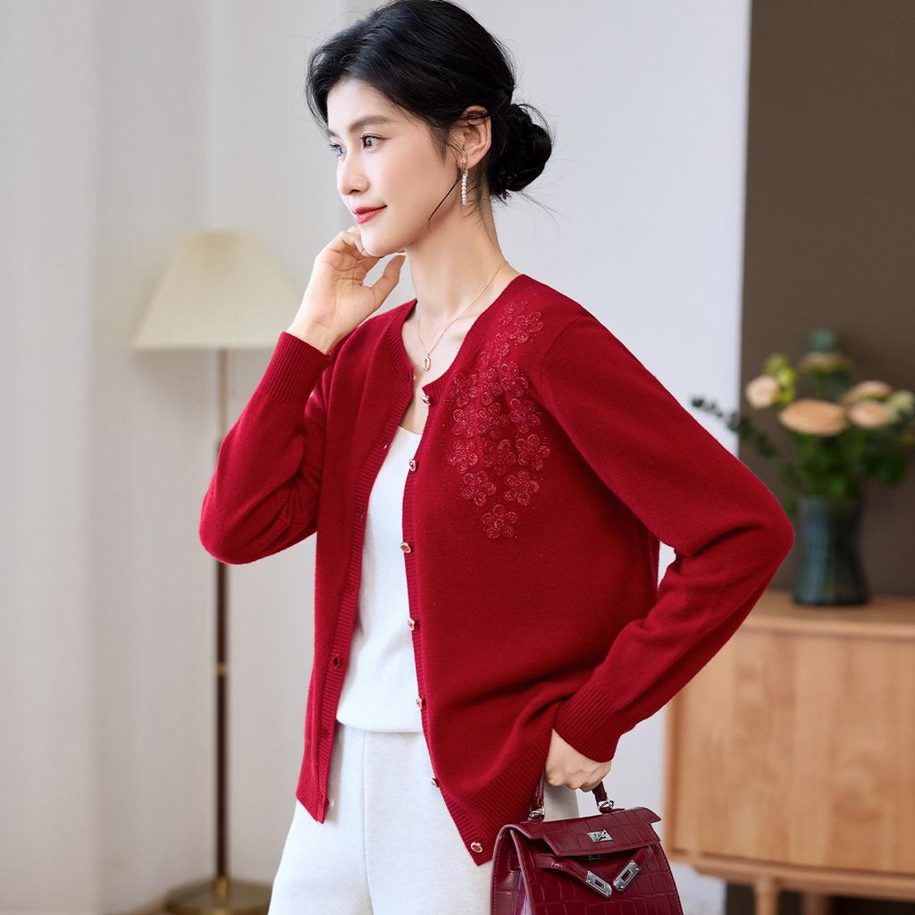 Elegant Mom's 100% Sheepskin Thick Edition Autumn/Winter New Embroidered Decorative Women's Wool Cardigan