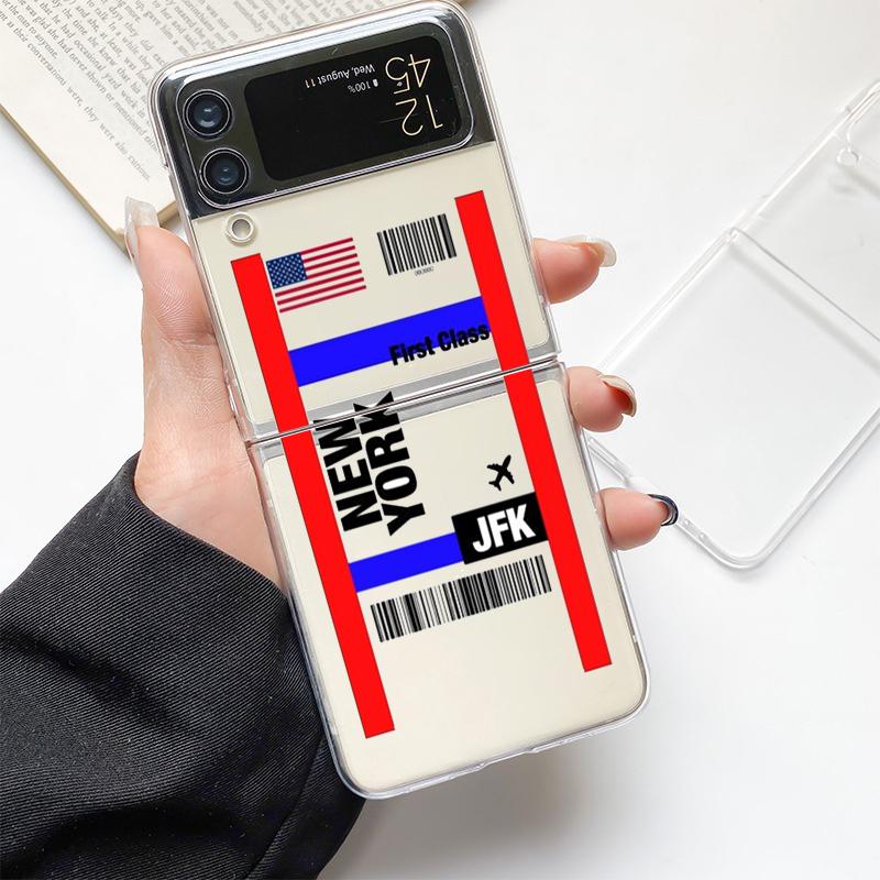 Путешествие Нью-Йорк Билет на самолет Арт Модный чехол для Samsung Galaxy Z Flip 3 4 5 6 7 Жесткий складной Z Flip4 Прозрачная поликарбонатная крышка Подарок