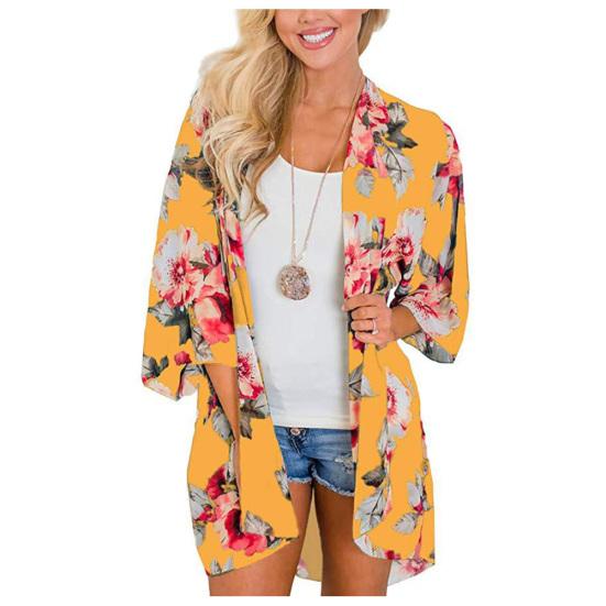 Women Floral Leopard Print Half Sleeve Shawl Cardigan Bikini Cover Up Blouse Top