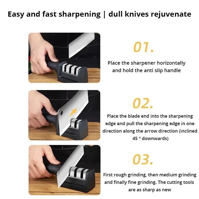 1PcKnife Sharpener Black Kitchen Tools Three-stage Sharpening Stone Accessory Professional Knives Bar Accessories Dining Home