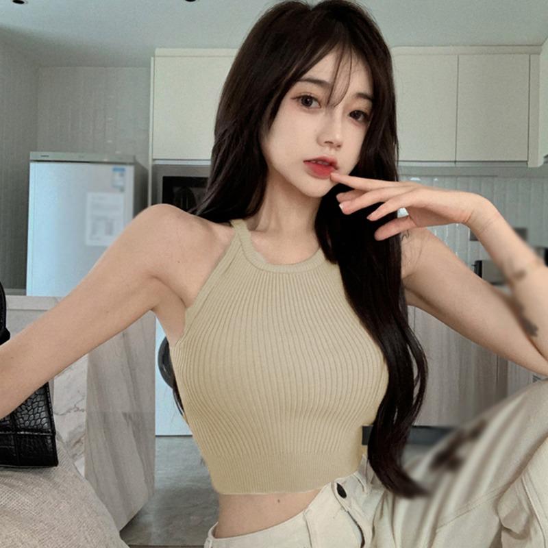 Женская камзол с воротником на шее, легкий укороченный топ, футболка без рукавов, майка, однотонная повседневная базовая рубашка