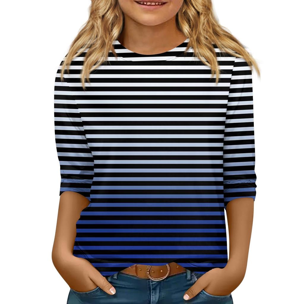 Children's 3/4 Sleeve Tops Casual Print T Shirt Round Neck Pullover Blouse