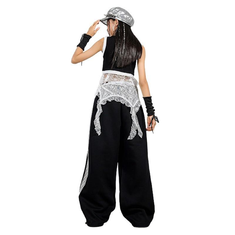 Girls Jazz Dance Outfit Black Crop Top Pants Set Streetwear Performance Costume Kids