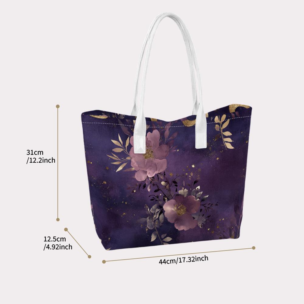 Elegant Purple Floral Tote Bag with White Shoulder Straps