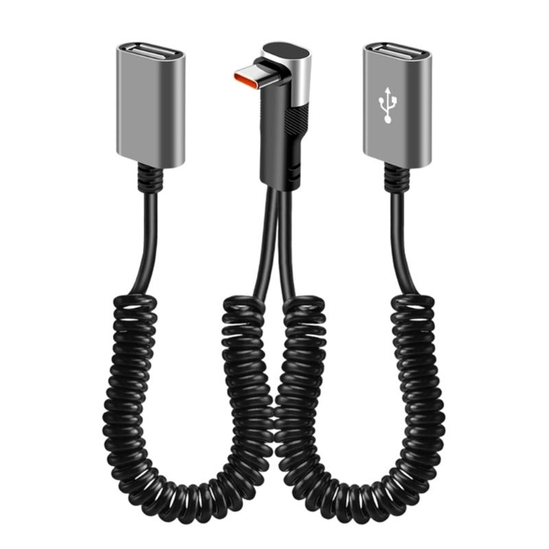 2-в-1 90-градусный изогнутый USB-кабель для быстрой зарядки 66 Вт Type C Спиральный выдвижной кабель для ноутбука Автомобильные зарядные аксессуары