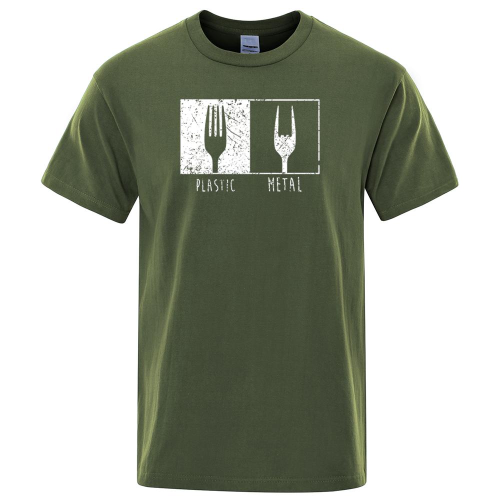 Узор из повседневных предметов Металлическая пластиковая вилка Футболка Хлопок Короткий рукав Мужские футболки Панк Хип-хоп Футболки Винтажная уличная одежда