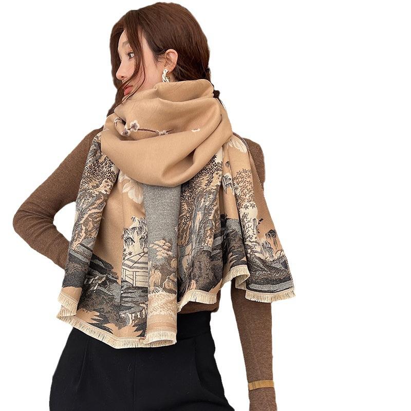 New Winter Imitation Cashmere Scarf for Women Literary Light and Luxurious Style Jiangnan Jacquard Scarf Plus Velvet Warm Shawl