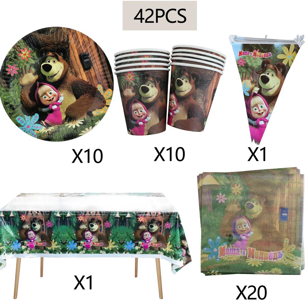 Masshaed Birthday Party Decoration Bears Plates Cups Banner Cake Topper Balloons Kids Baby Shower Gifts Girls Photo Booth Props