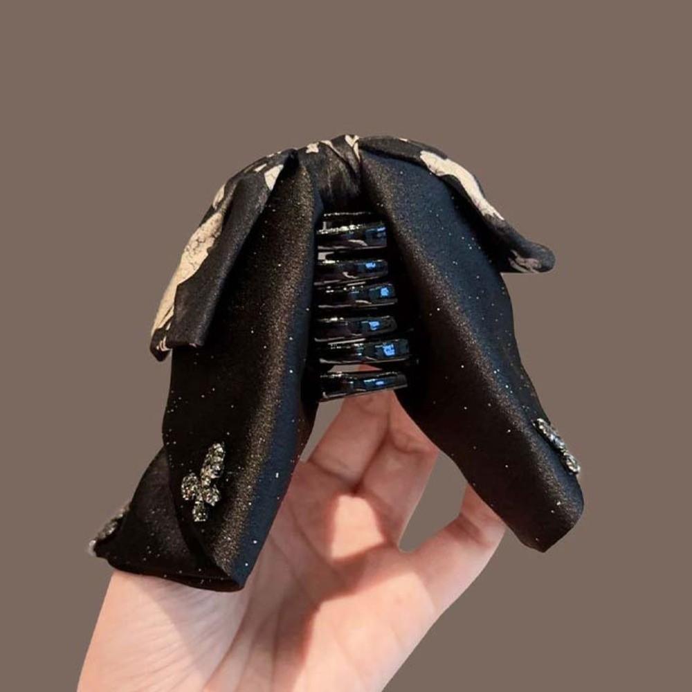 French Style Shiny Rhinestone Hair Claw Elegant Women Sequin Hairgrips Black Bow Shark Clip Party