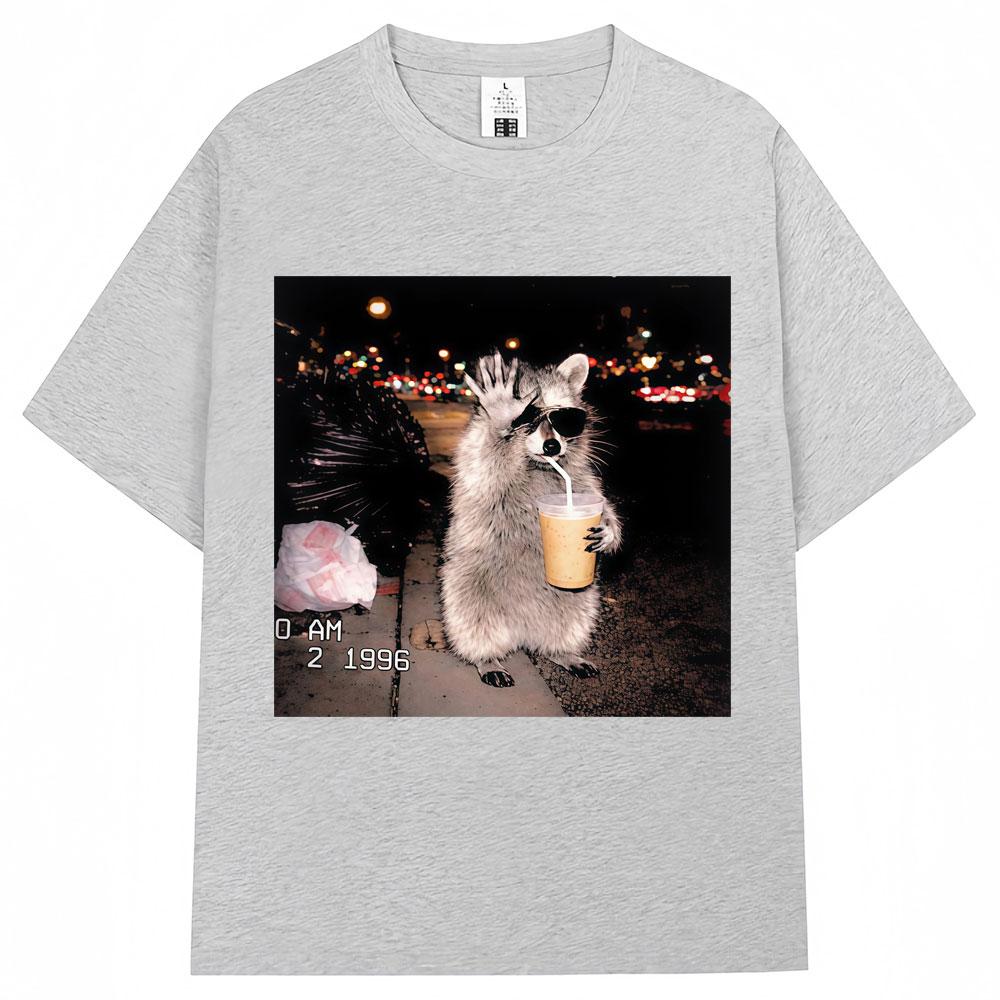 Raccoon Drinking Iced Coffee Funny Meme Print T Shirt Unisex Humor Animal Tshirts Casual Tshirt Streetwear