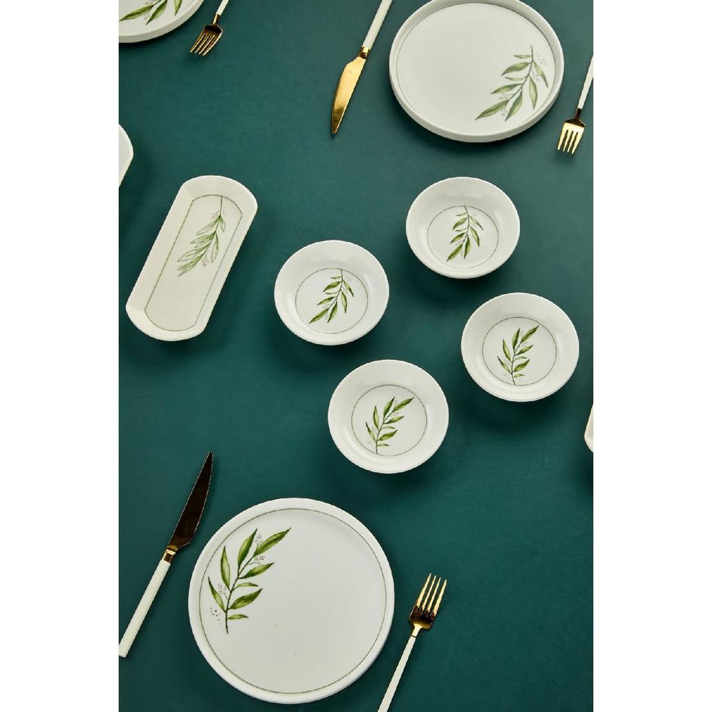 Botanical Green Camellia Leaf Patterned Luxury Ceramic 14 Piece Breakfast Set For 6 Persons