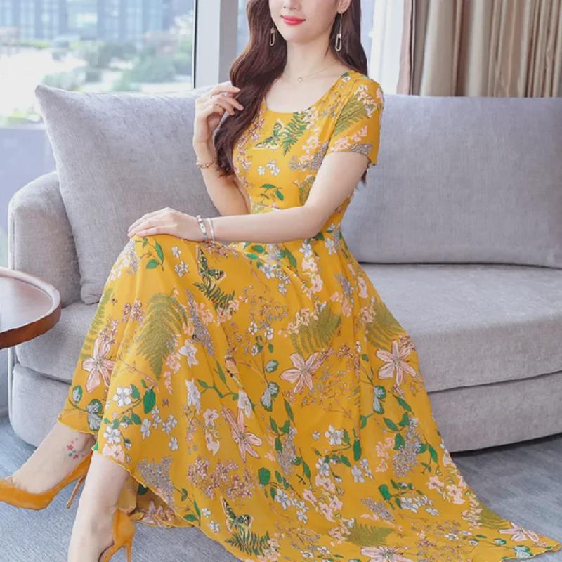 Женское платье длиной до колена с короткими рукавами, цветочным принтом, круглым вырезом и приталенным кроем, лето 2021 г.