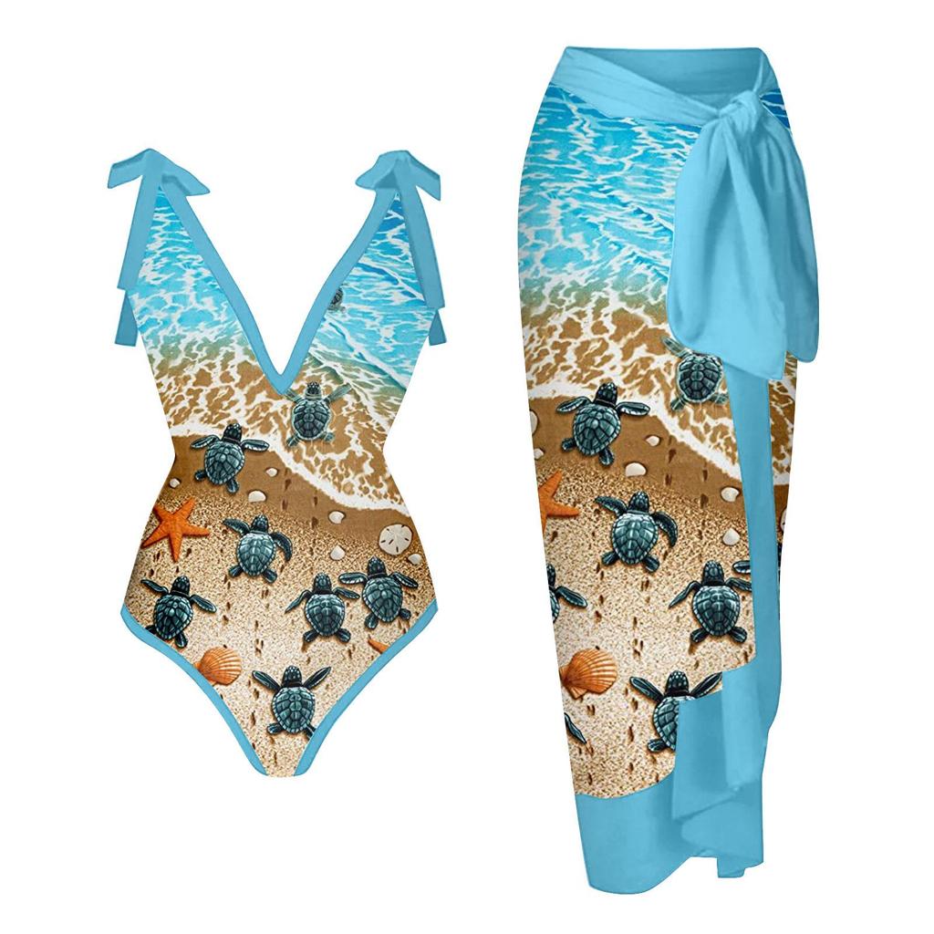 New Vintage Ethnic Print Women's One Piece Swimsuit Two Piece Sheer Skirt Conservative Push Up Padded Swimwear Beachwear