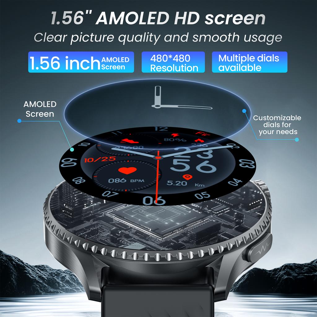SACOSDING 2025 ECG Smart Watch Men 1.56” AMOLED Screen Heart Rate Blood Pressure Monitoring Watches NFC Access Control Smartwatch