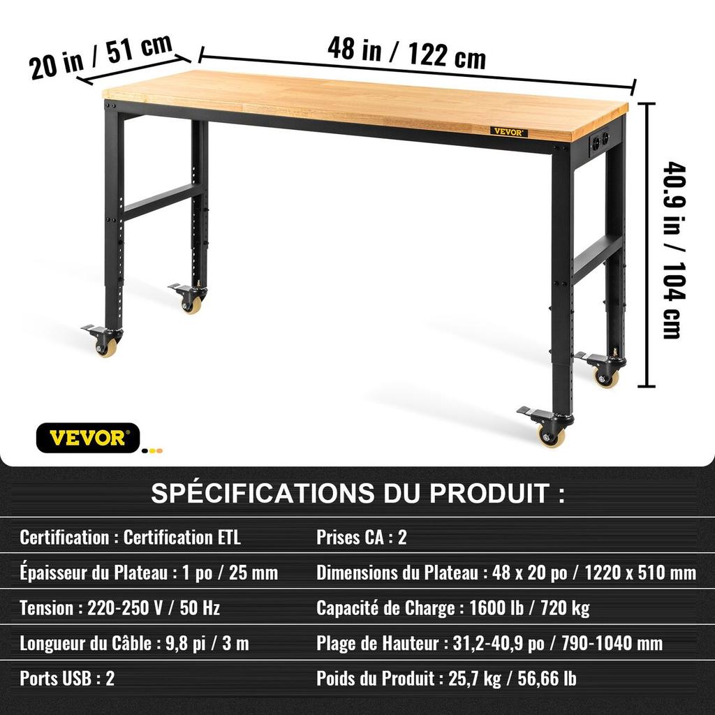 Workbench Adjustable Height, 122cm W X 51cm D X 104cm H Garage Table w/ 79 – 104 cm Heights & 720KG Capacity, with Power Outlets & Hardwood Top &