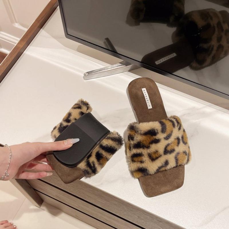 Теплые меховые балетки женские тапочки модные квадратные носки зимние женские элегантные уличные туфли с леопардовым принтом