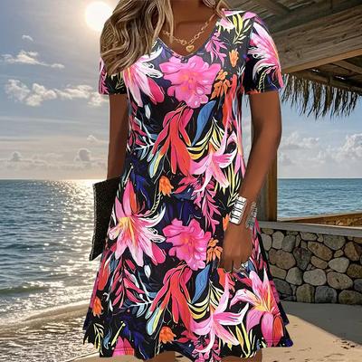 Летняя мода Женское платье с V-образным вырезом и короткими рукавами Ретро с цветочным принтом Сексуальное короткое платье