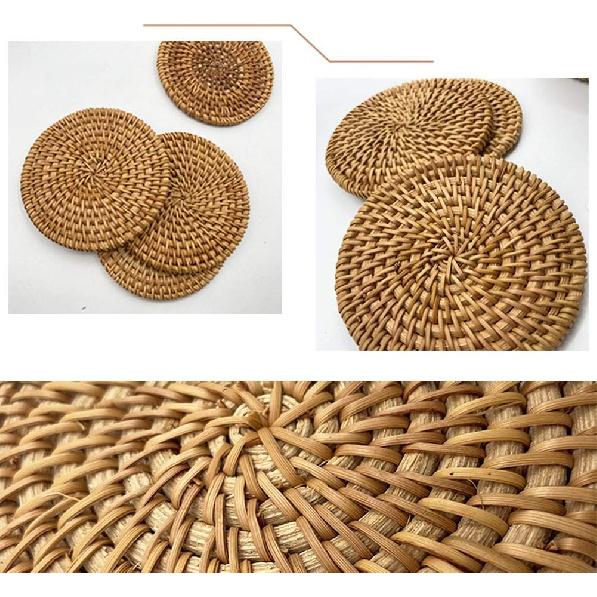 Rattan Coasters Set of 6 - Handwoven Wicker Coasters for Wooden Table, Brown with Holder (3.9 Inch)